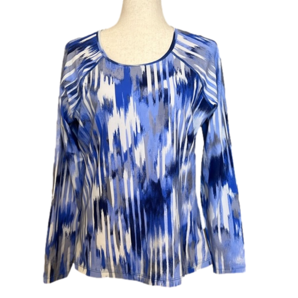 Athleta Blue White Abstract-Print Long-Sleeve Swim Top